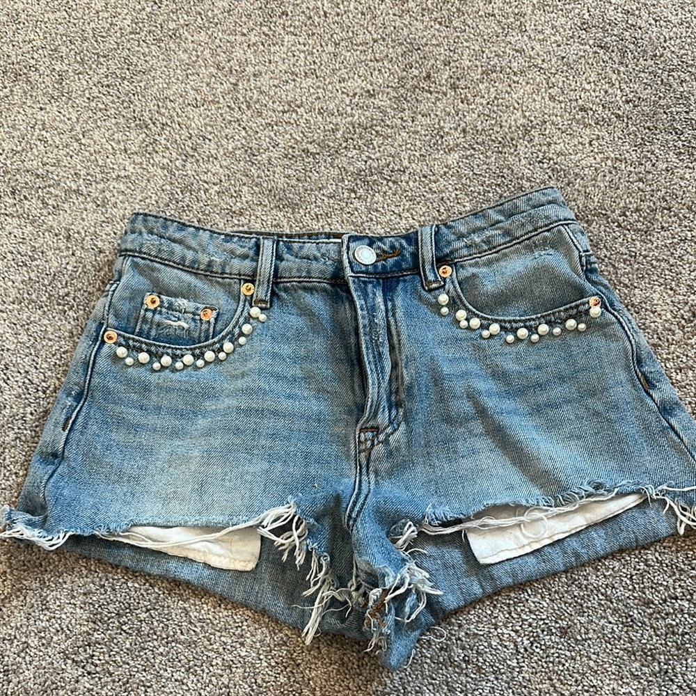 Signature8 Blue Jean Shorts with Distressed Hem and Pearls